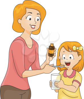 Illustration of a Mother Giving Her Daughter a Spoonful of Vitamins