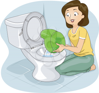 Illustration of a Mother Flushing the Contents of a Potty to a Toilet Bowl