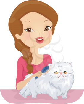 Illustration of a Woman Grooming a Persian Cat