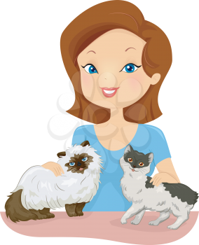 Illustration of a Pretty Woman Petting Cats