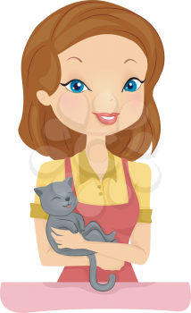 Illustration of a Female Pet Shop Employee Cuddling a Happy Cat