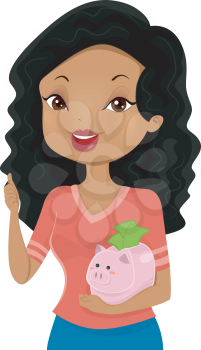 Illustration of a Girl Giving a Thumbs Up While Cradling a Piggy Bank