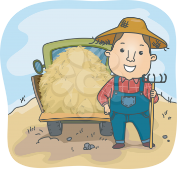 Illustration of a Farmer Standing Beside a Truckload of Hay
