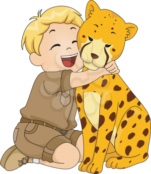 Illustration of a Boy in a Safari Outfit Hugging a Cheetah Stuffed Toy