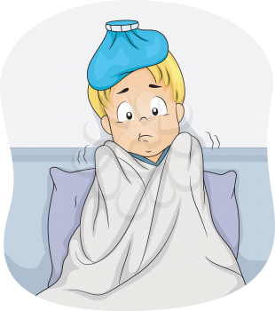 Illustration of a Boy Lying in Bed Due to Fever
