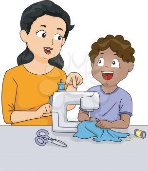 Illustration of a Teacher Teaching a Male Student How to Sew