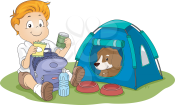 Illustration of a Kid Camping with His Pet Dog