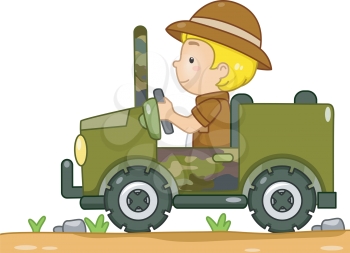 Illustration of a Boy in a Safari Outfit Driving a Camouflage Jeep