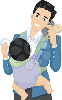 Illustration of a Father Talking on the Phone While Taking Care of His Baby