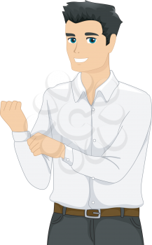 Illustration of a Man Buttoning the Cuff of His Long-Sleeved Shirt