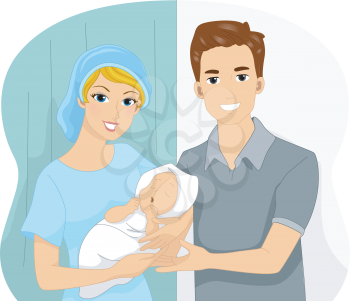Illustration of a Female Doctor Handling a Newborn Baby to His Father