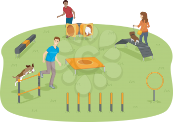 Illustration of Pet Owners Testing Their Dogs' Agility in the Park 