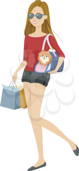 Illustration of a Girl Taking Her Dog on a Shopping Playdate