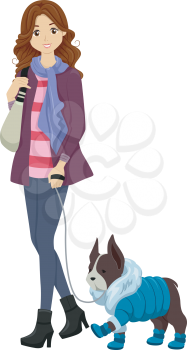 Illustration of a Woman in Winter Clothes Taking Her Similarly Dressed Dog for a Walk