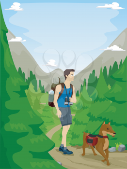 Illustration of a Man and His Pet Dog Following a Hiking Trail