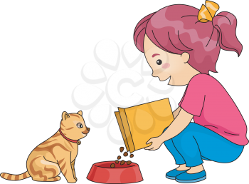 Illustration of a Little Girl Feeding Her Cat