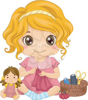 Illustration of a Cute Little Girl Sewing a Dress for Her Doll