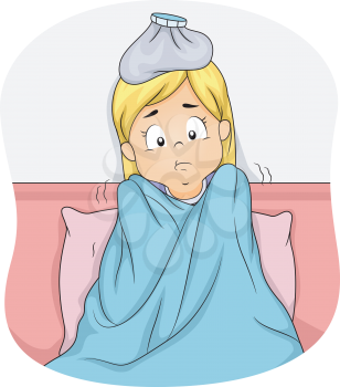 Illustration of a Girl Lying in Bed Due to Fever