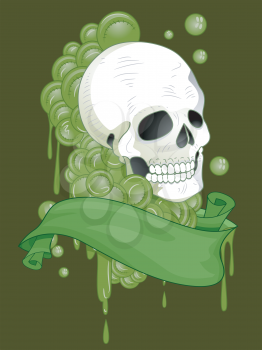 Illustration of a Tattoo Design Featuring a Skull with a Green Ribbon Wrapped Around it