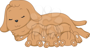 Illustration of a Female Dog Breastfeeding Her Puppies