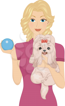 Illustration of a Woman Carrying Her Pet Dog in One Arm and Holding a Dog Toy with Her Other Hand