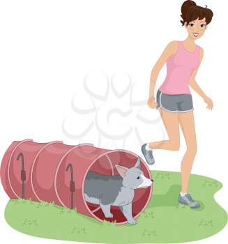 Illustration of a Girl Guiding Her Dog Through a Dog Tunnel