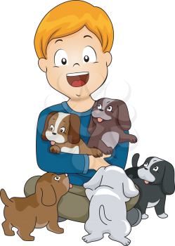 Illustration of a Little Kid Surrounded by Cute Little Puppies