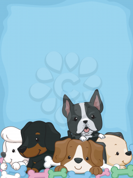 Background Illustration Featuring Cute and Adorable Puppies Lying on a Pile of Chew Toys