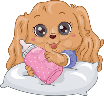 Illustration of a Cute Fluffy Puppy Holding a Milk Bottle