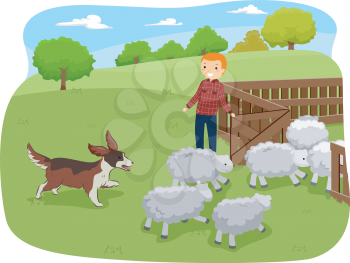 Illustration of a Shepherd Dog Herding Shop While Being Watched