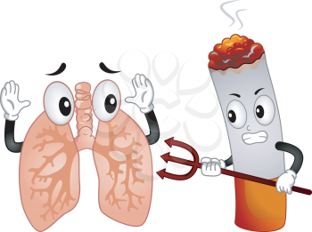 Mascot Illustration Featuring an Evil Cigarette Pointing a Pitchfork at a Scared Lungs Mascot