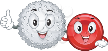 Mascot Illustration Featuring a White Blood Cell and a Red Blood Cell Hanging Together