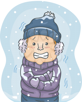 Illustration of a Man in Winter Clothes Shivering Hard Because of the Cold