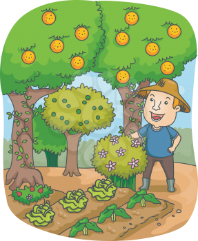 Illustration of a Farmer in an Orchard Gazing at His Crops