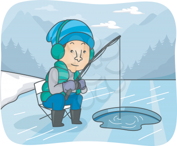 Illustration of a Man Fishing in a Frozen River
