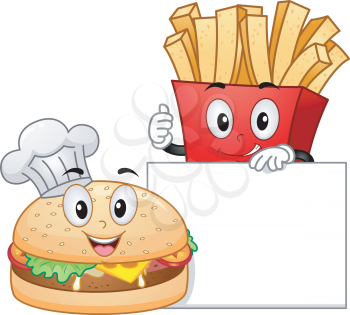 Mascot Illustration Featuring a Burger and a Pack of Fries Posing with a Blank Board