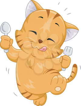 Mascot Illustration Featuring a Hungry Cat Holding a Spoon and Fork