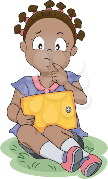 Illustration of a Girl Thinking While Holding a Computer Tablet