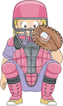 Illustration of a Girl Dressed in Baseball Gear Assuming a Catcher's Position