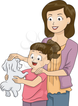 Illustration of a Mother and Daughter Petting a Cute Dog