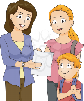 Illustration of a Teacher Showing Her Student's Progress To His Mom