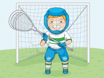 Illustration of a Boy in Lacrosse Gear Assuming a Goalie's Position