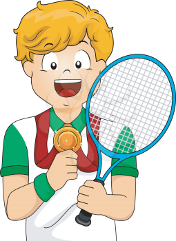 Illustration of a Young Male Tennis Player Showing His Medal