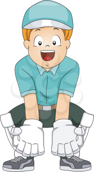 Illustration of a Boy in Cricket Gear Assuming a Wicket Keeper's Position