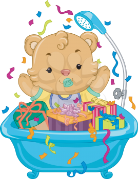 Illustration Featuring a Baby Bear Sitting in a Tub Full of Gifts
