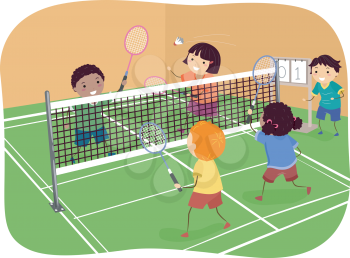 Illustration Featuring Kids Playing Badminton Doubles