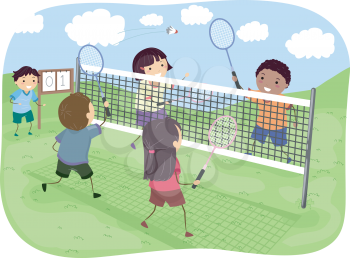 Illustration Featuring a Group of Kids Playing Badminton Doubles in a Park