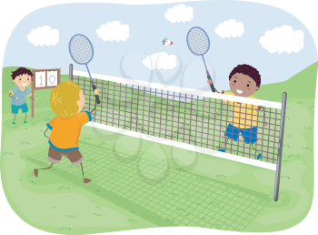 Illustration Featuring Kids Playing Badminton