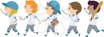 Illustration Featuring a Group of Young Baseball Players Walking Across the Street