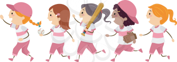 Illustration Featuring a Group of Girls Dressed in Basebal Gear Walking Across the Street